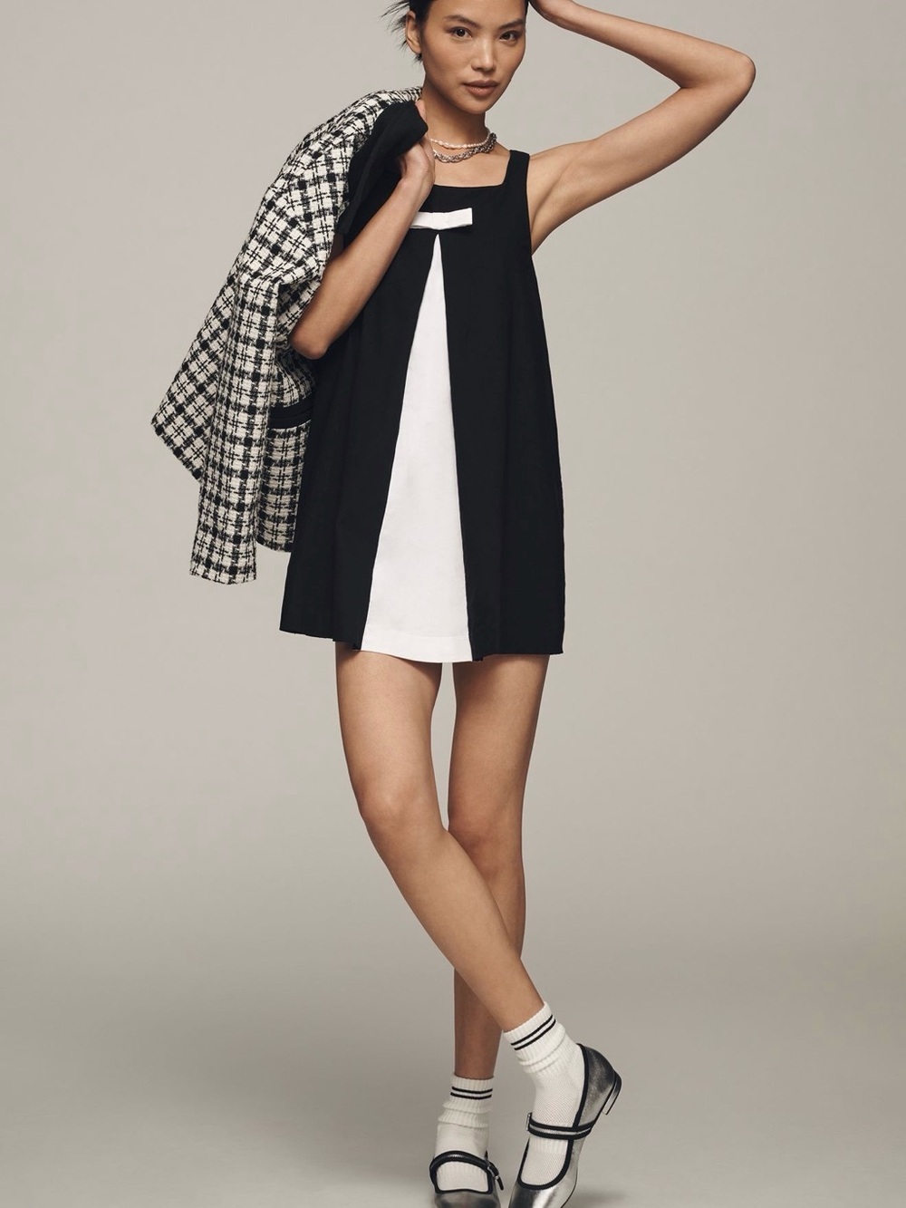 Anthropologie Maeve Black White Square-Neck Shift Romper Medium
